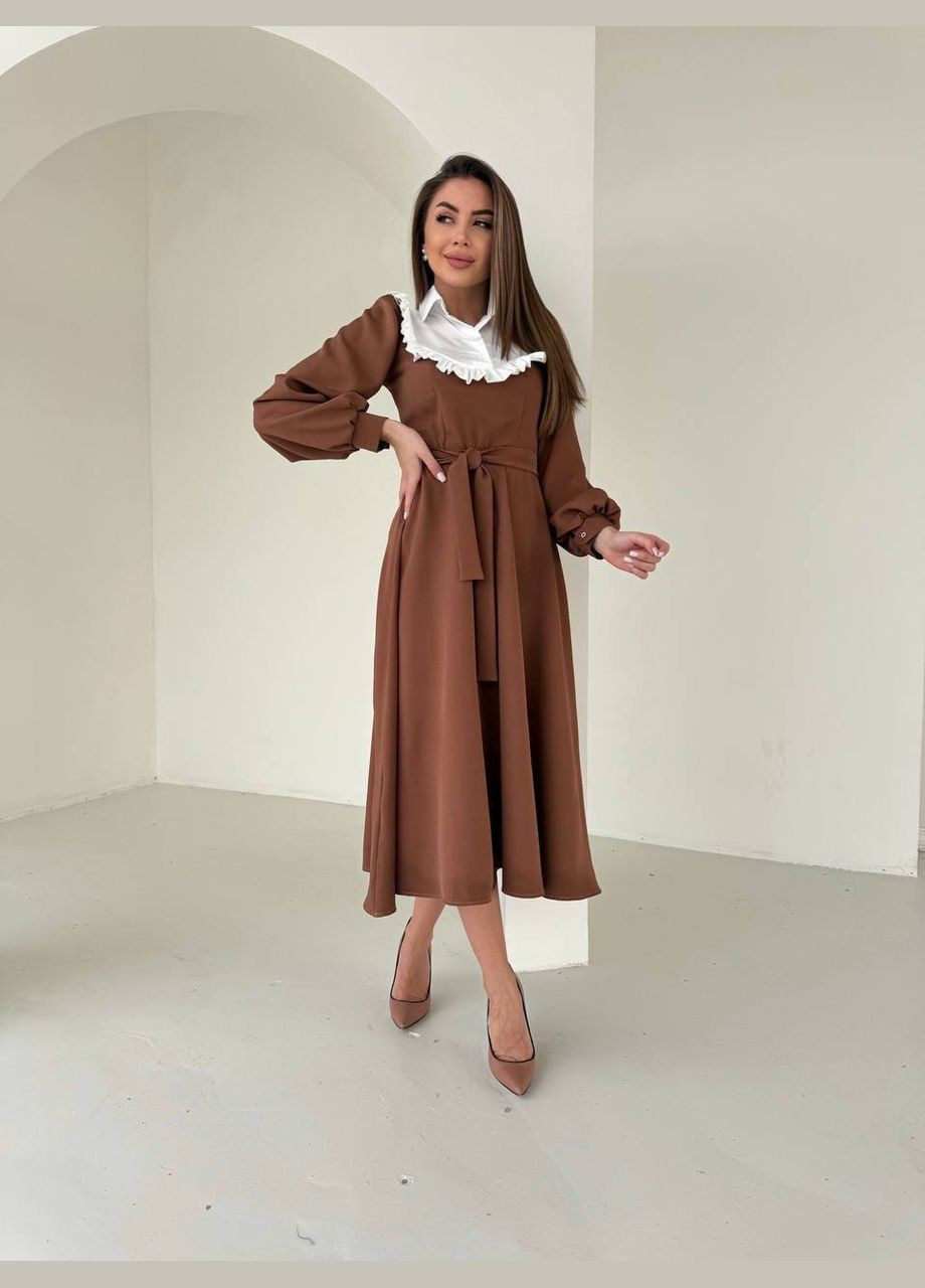 Коричневое кэжуал платье миди No Brand однотонное