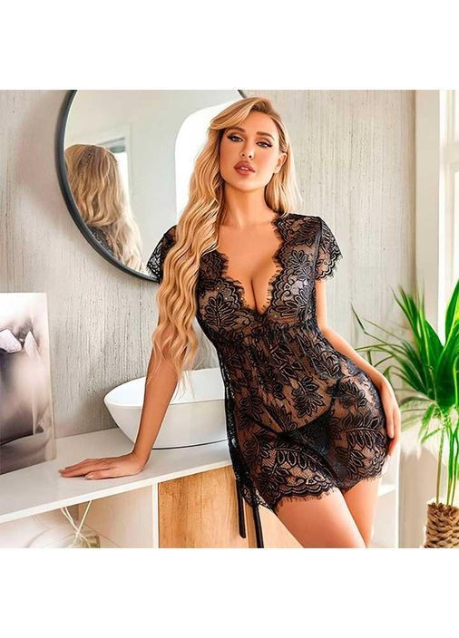 Коротенький сексі пеньюар із квітковим мереживом чорний — S/M — Еротична білизна No Brand (366891932)