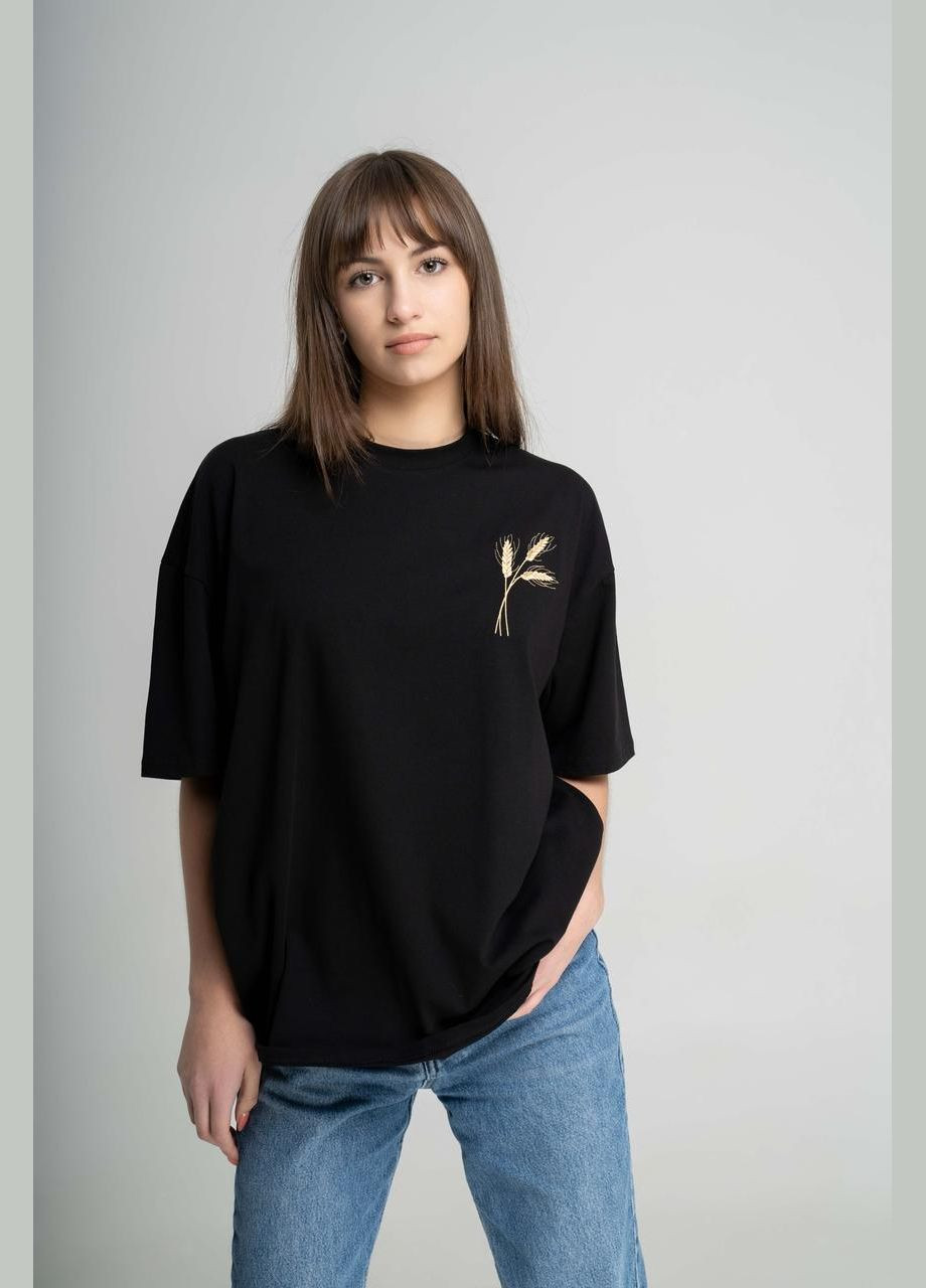 Повседневная черная женская футболка с вышивкой "Пшеница" L-XL Melanika g-94 (285763837)