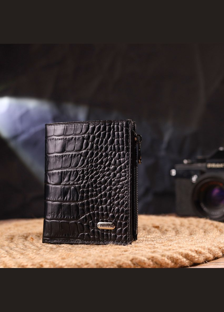 Вертикальний гаманець з натуральної шкіри з тисненням під крокодила 21673 Чорний Canpellini (329151342)