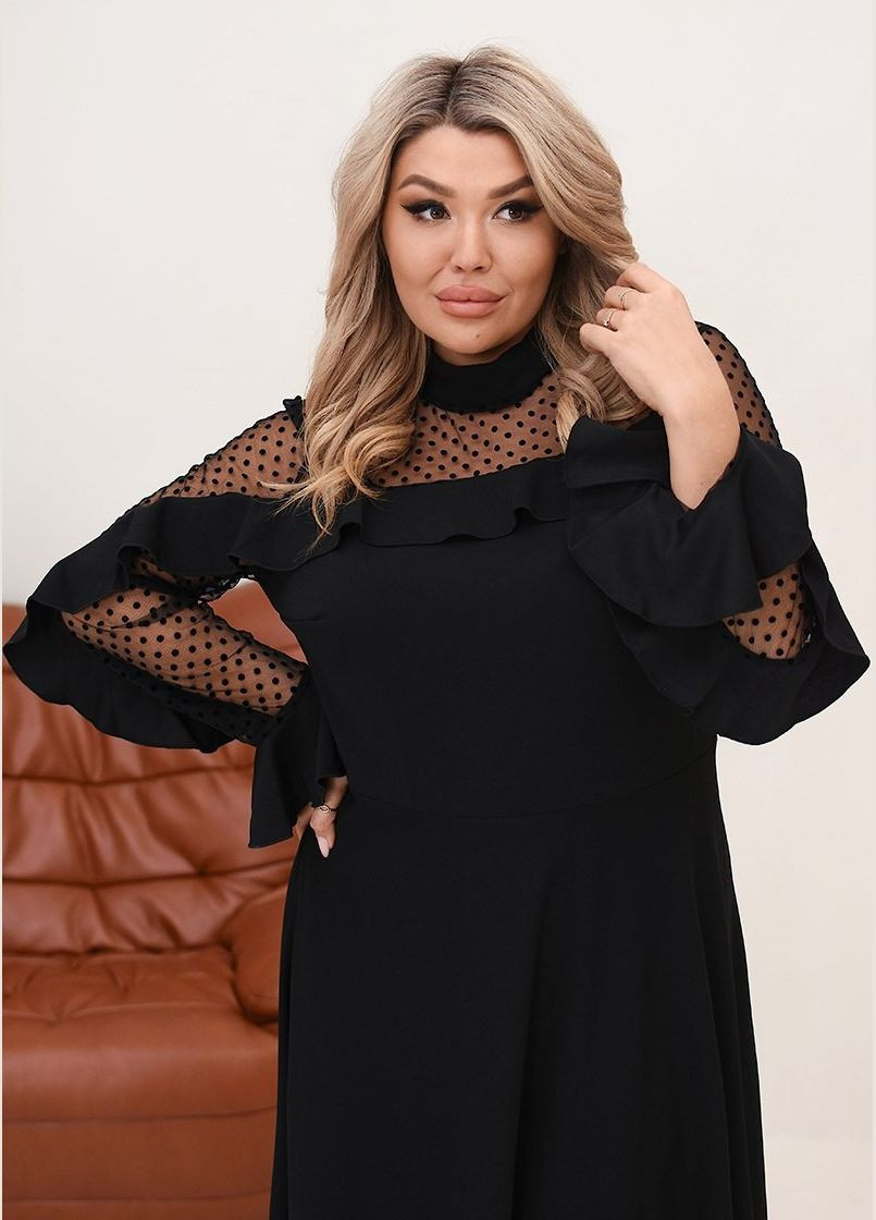 Черное вечернее платье graceful ruffle midi, 64-66 клеш Veronica