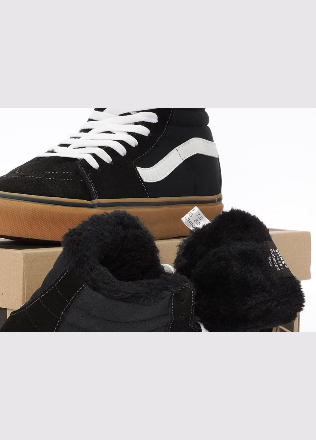 Кроссовки зимние женские и мужские Vans Old Skool winter high black fur | Ванс Олд Скул высокие черные с мехом No Brand чёрные зима (311225864)
