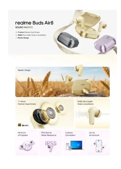 Беспроводные наушники Buds Air 8 Global Grey, ANC 55 дБ, Bluetooth 5.4, LHDC 5.0, 3D Audio Realme (391477114)