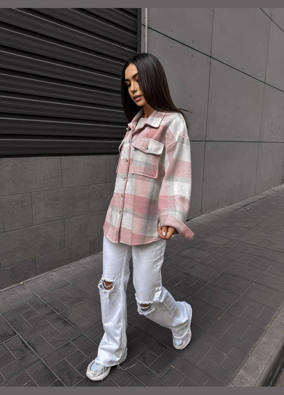 Пудровая спортивная, повседневный, кэжуал, джинсовая рубашка в клетку No Brand с длинным рукавом