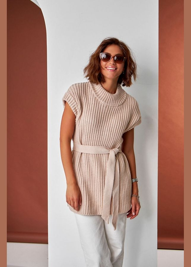 Бежевий демісезонний подовжений жилет з теплої пряжі (2448) Triko Bakh