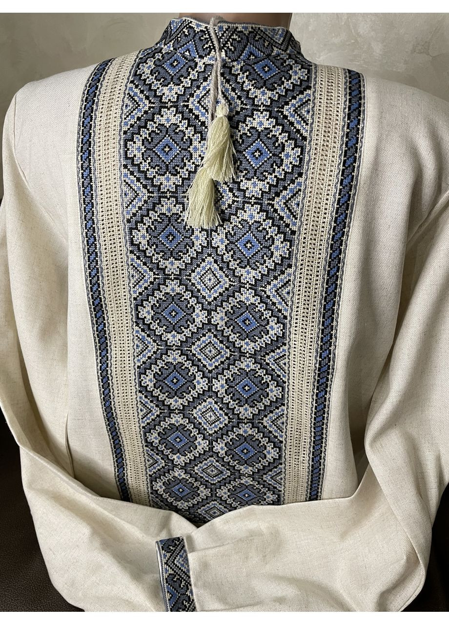 Серая стильная мужская вышиванка на сером льне ручной работы ч-2022. s (371907715)