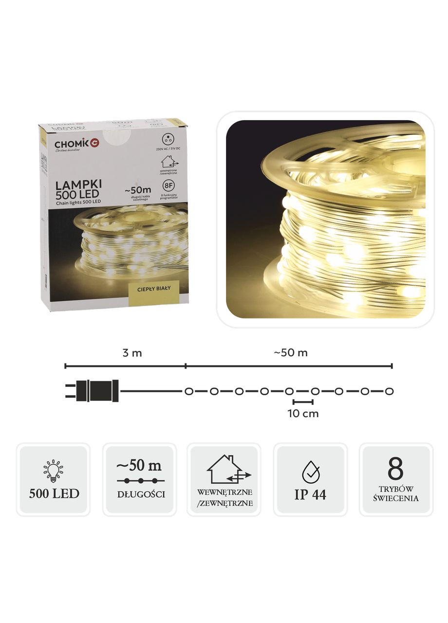 Гірлянда-струна Chomik 49,9+3 м 500 LED тепле біле світло для прикраси ялинки та декору інтер'єру ProDobro (367264842)