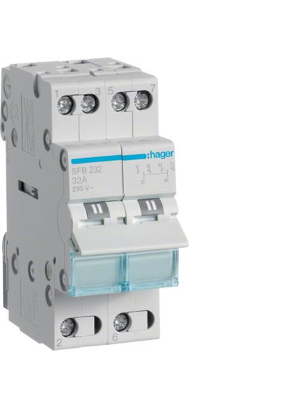 Перемикач введення резерву I-0-II SFB232 із загальним виводом знизу 2 полюси 32А/230В 2м перекидний рубильник н (3873) Hager (298575112)