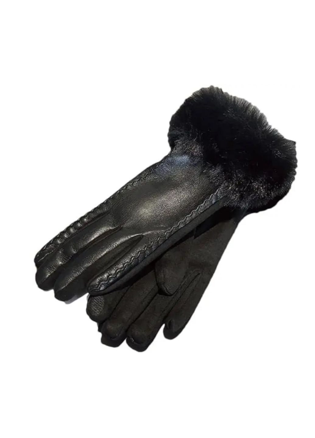 Женские зимние перчатки One Size черные, из искусственной кожи с меховой подкладкой, тёплые стильные аксессуары No Brand (362961373)