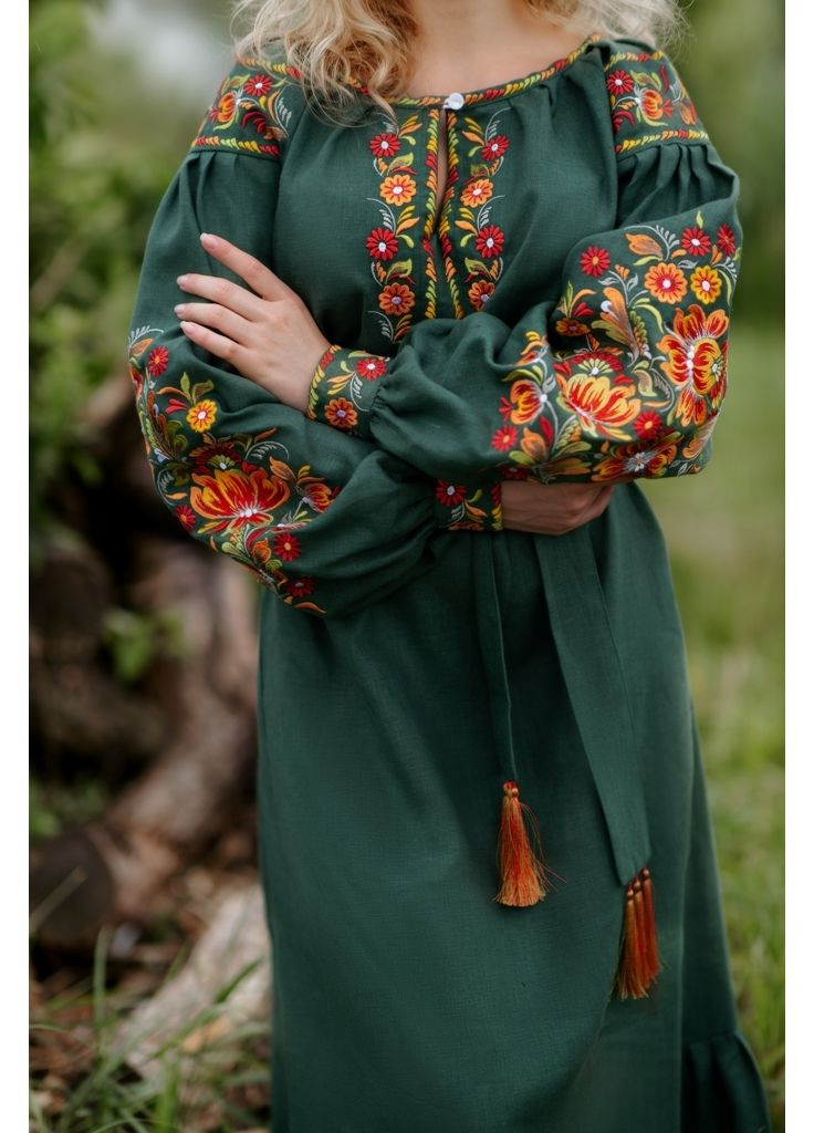 Бутылочное зеленое кэжуал платье Vyshyvanka