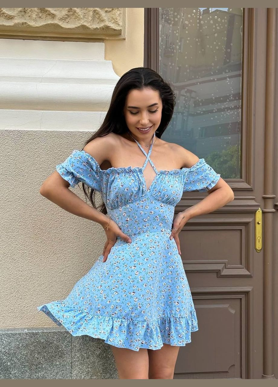 Блакитна повсякденний сукня міні з квітковим принтом та регульованою шнурівкою на спинці з відкритими плечима MonCher з квітковим принтом