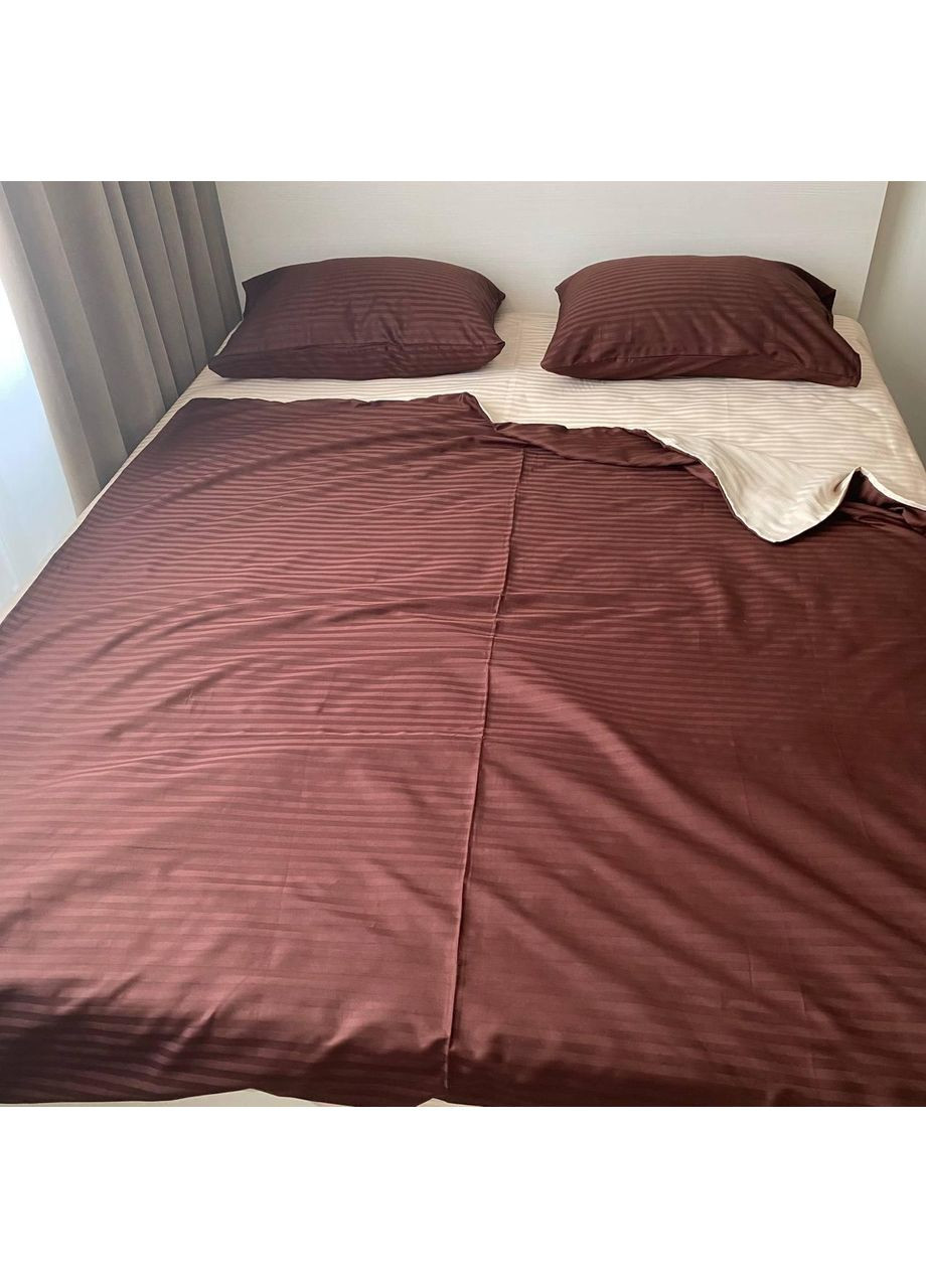 Постільна білизна з резинкою Шоколад + беж страйп сатин PREMIUM Полуторний розмір, наволочки 50/70 No Brand (364213522)