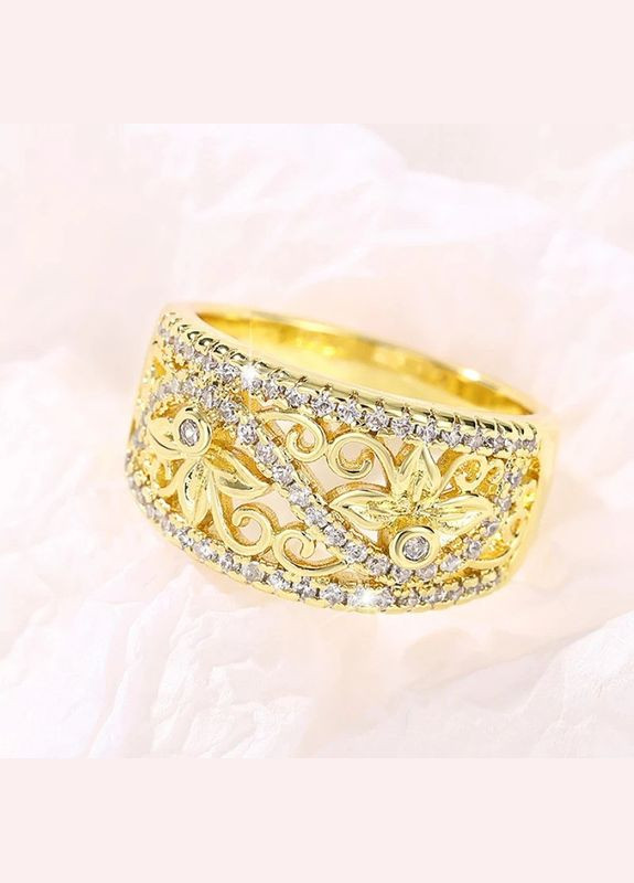 Золотиста жіноча каблучка розкішна обручка з оригінальними візерунками та білим камінням р 18 Fashion Jewelry (285814499)