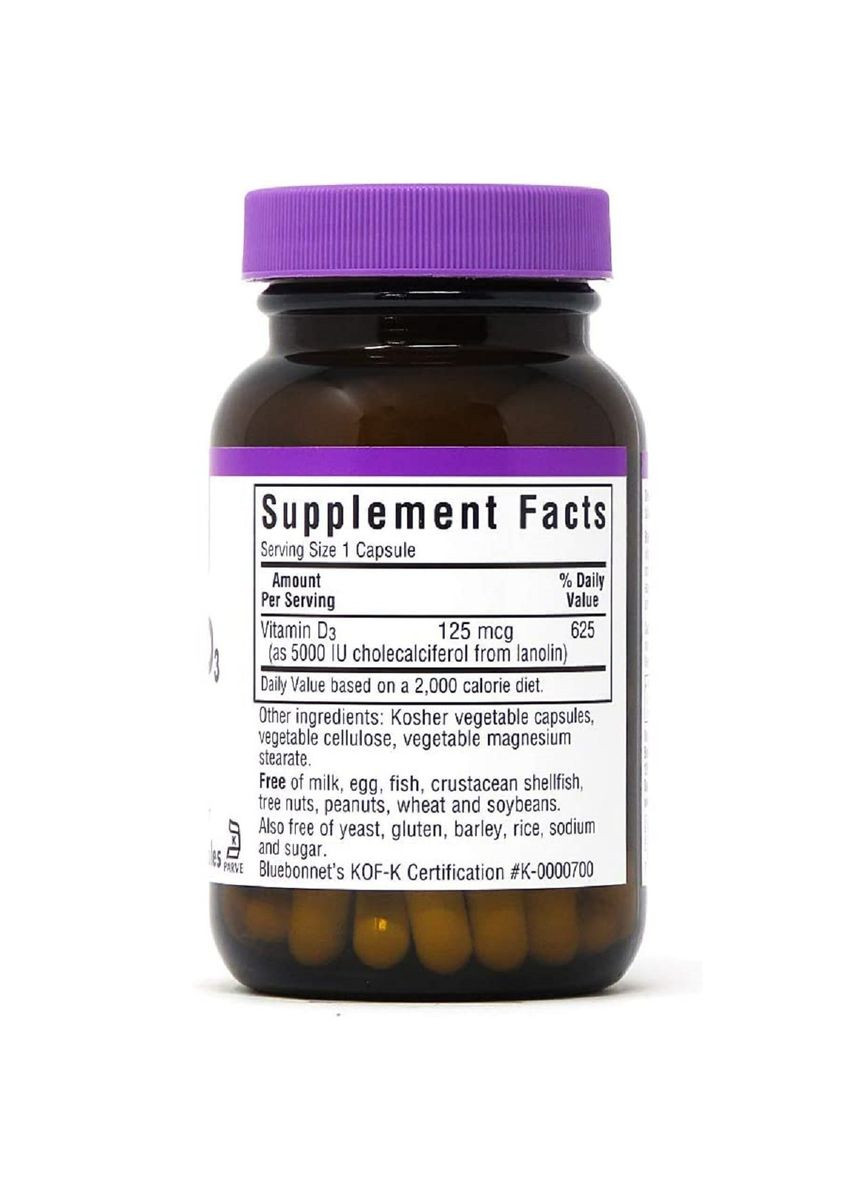 Вiтамiн D3 5000IU,, 60 вегетаріанських капсул Bluebonnet Nutrition (333721643)