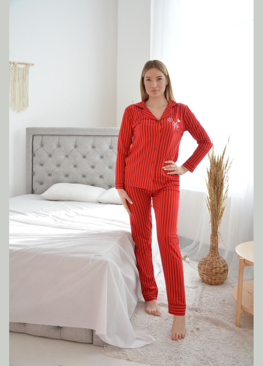 Красная всесезон пижама женская на пуговицах свободного кроя штаны + рубашка на длинный рукав family look красная полоска кофта + брюки Sexen