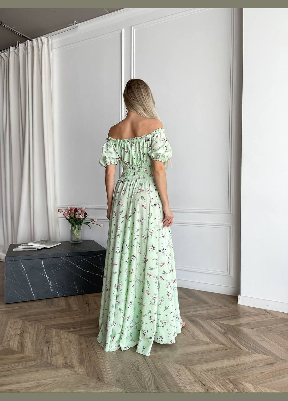Фісташкова повсякденний, вечірня, кежуал жіноча сукня з відкритими плечима Style Point з квітковим принтом