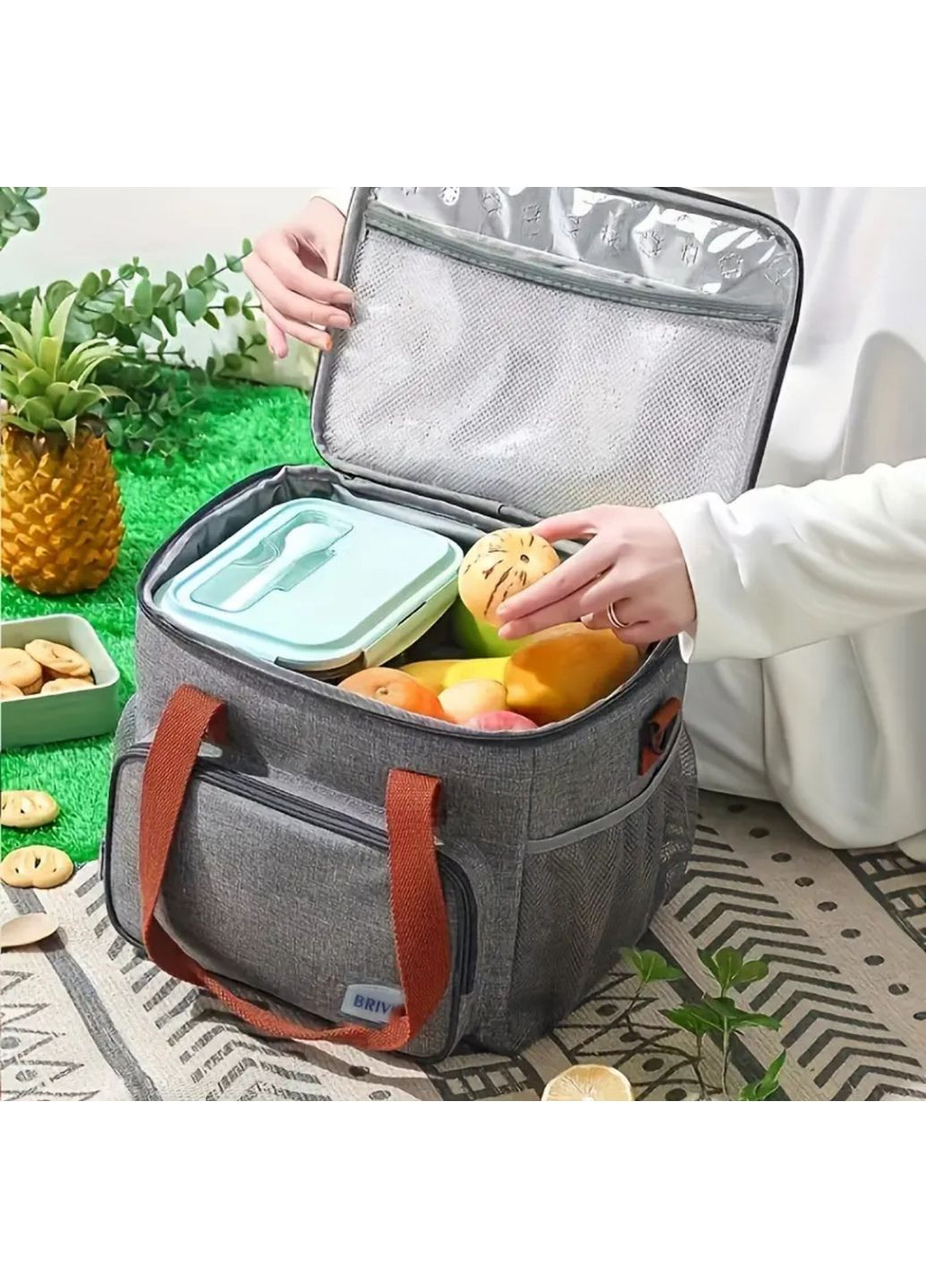 Вместительный большой термо ланч бег - сумка для обедов с карманом, сумка холодильник No Brand (329142089)