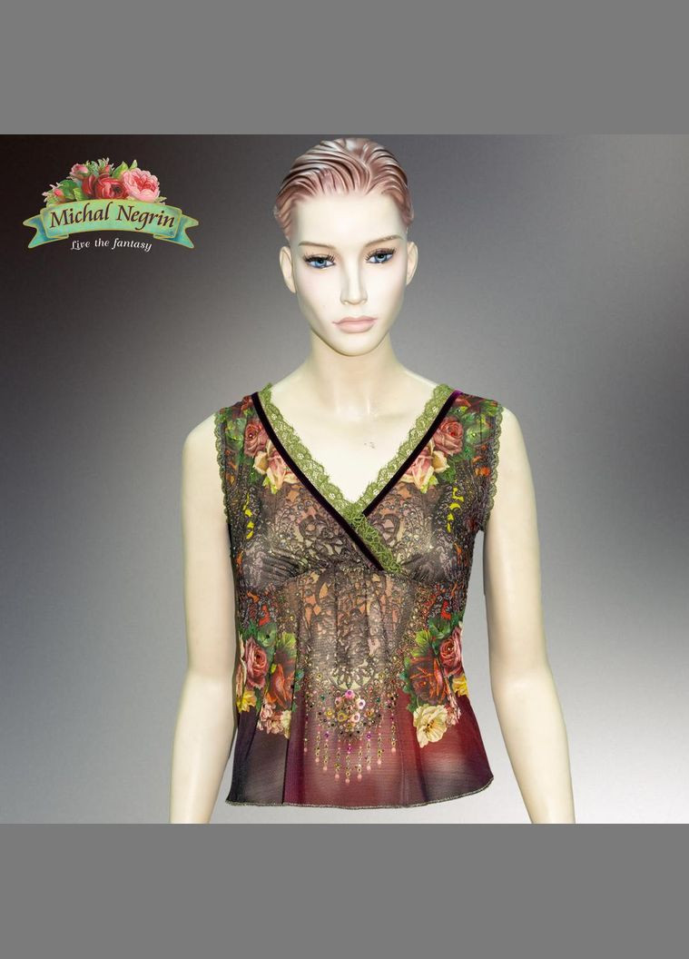 Коричневая женская блуза "винтажный шик" с кристаллами swarovski, кружевом и цветочным принтом, ручная работа (размер m) Michal Negrin