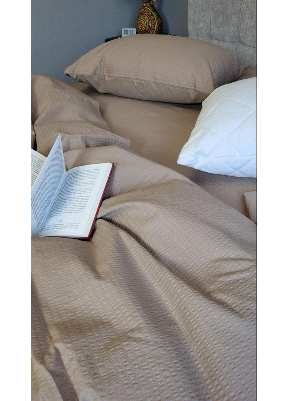 Постільна білизна з резинкою Темний беж GS122, ранфорс гофра (жатка) Евро розмір, наволочки 70/70 No Brand (363192218)