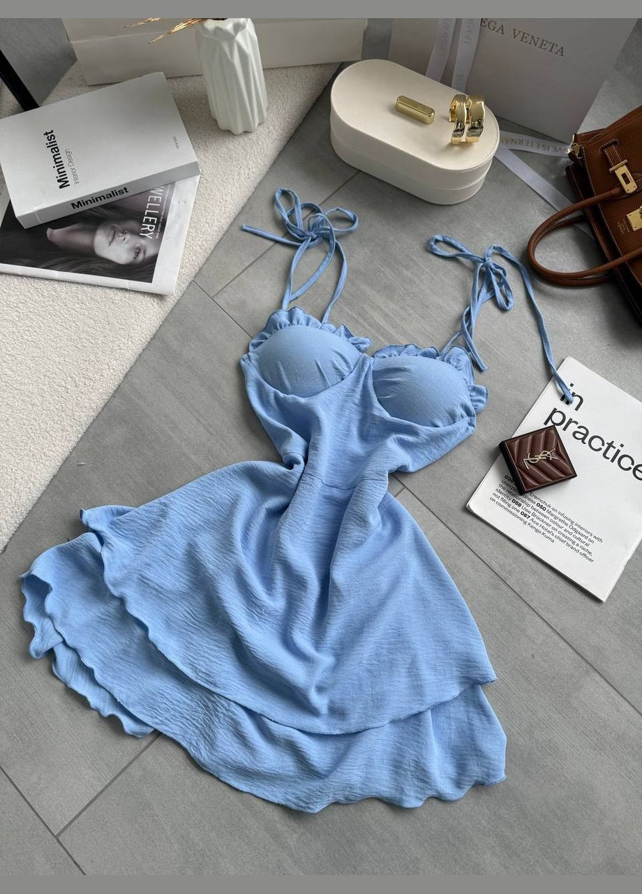 Голубое праздничный, повседневный, вечернее легкое женское платье креп жатка No Brand