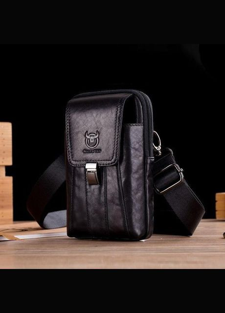 Сумка на ремень через плечо мужская для телефона и для документов кожаная маленькая сумочка Черный 35931 BULL (337671209)