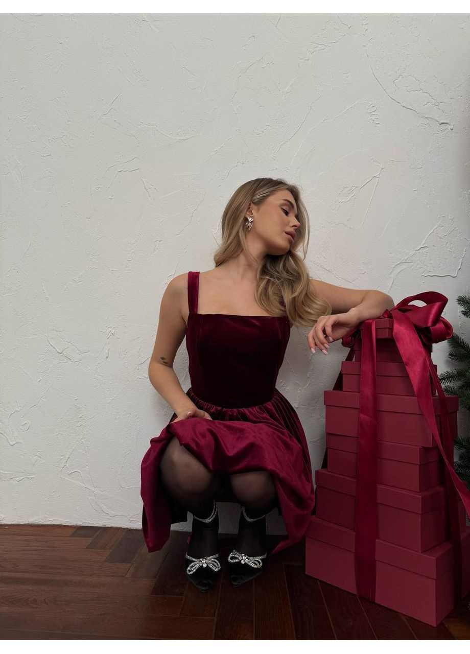 Бордовое праздничный, коктейльное, вечернее платье из бархата с баллон-юбкой на подкладке 💫💫💫 бэби долл Україна однотонное