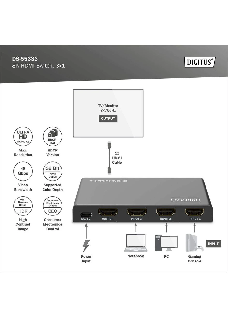 Видеокоммутатор UHD HDMI (INx3 - OUTx1), 8K Digitus (395694135)