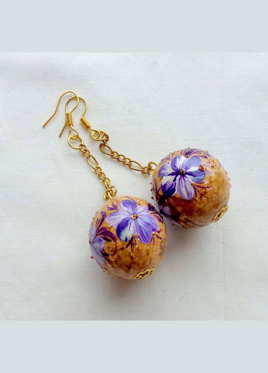 Серьги из дерева шарики ручной работы "Весенние цветы" No Brand (349842701)
