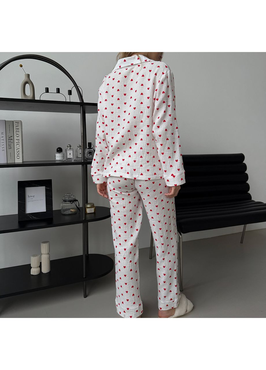 Бордова піжама (сорочка+штани) жіноча муслін біла серця червоні m252p Cosy