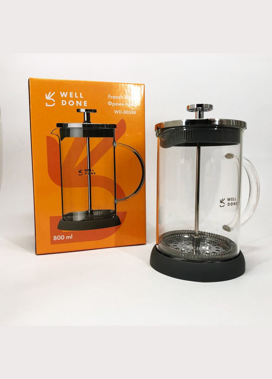 Френч-пресс WD-8038B из термостойкого стекла 800 мл, Необычный заварник для чая Well Done (364709720)