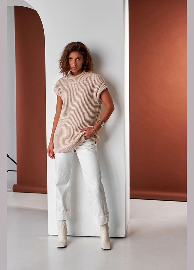 Бежевий демісезонний подовжений жилет з теплої пряжі (2448) Triko Bakh