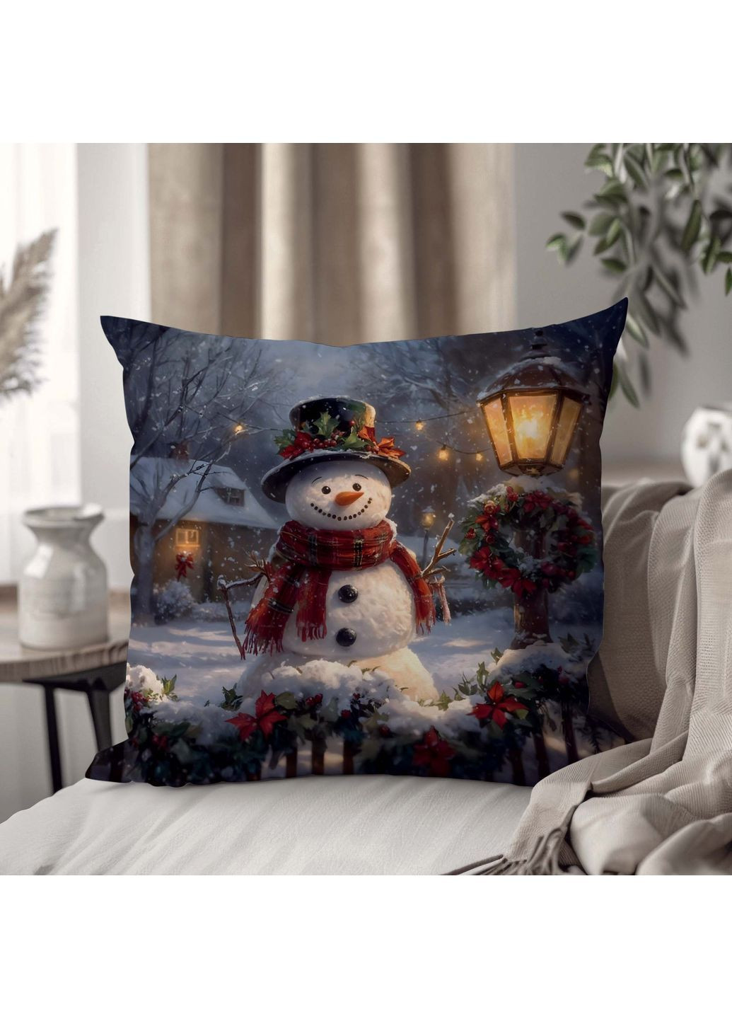 Подушка для дивана «Зимова казка: Сніговик та ліс» – святкове оформлення 35 х 35 см 13269 WONKEY (365297667)