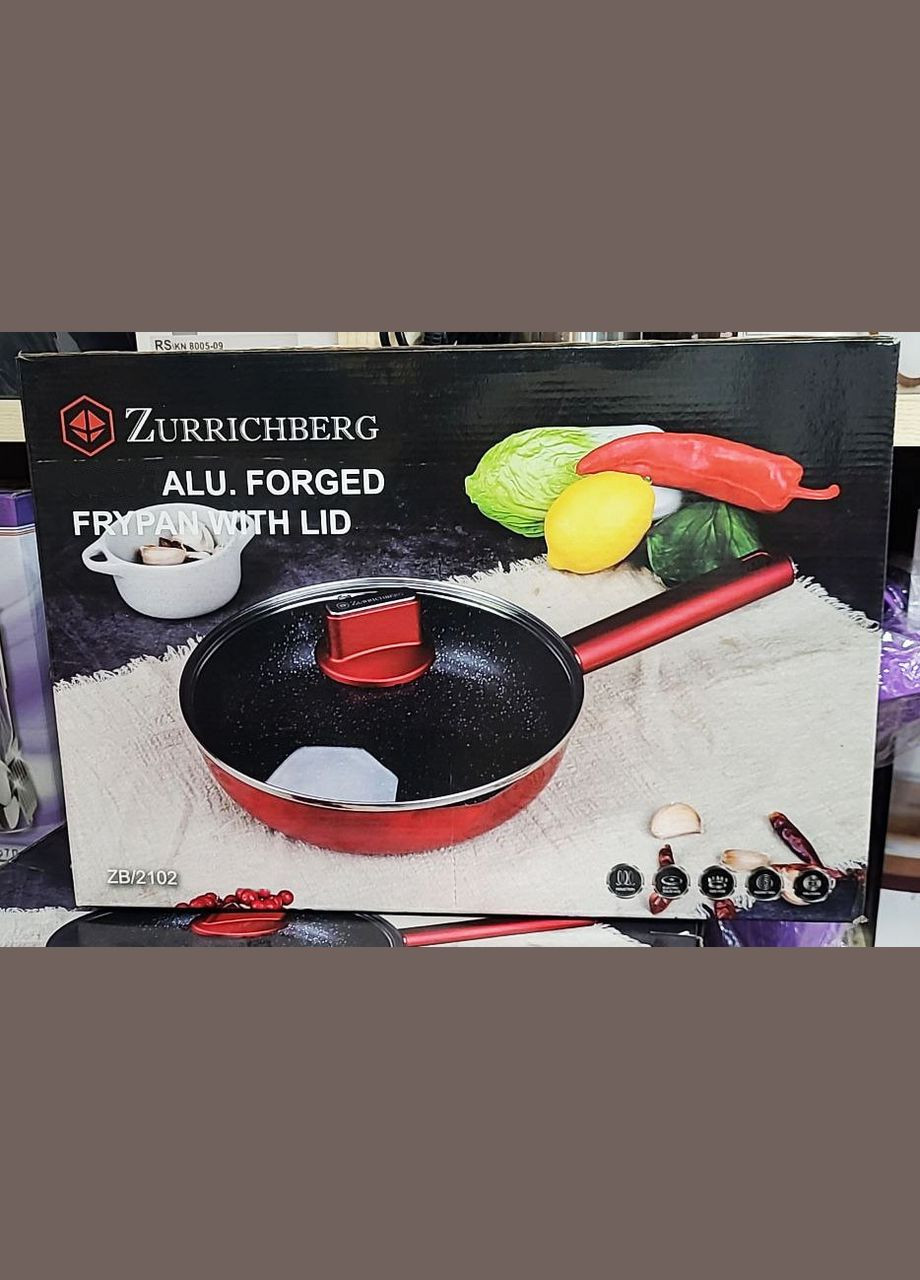 Сковорода з кришкою ZB/2102 20 см з мармуровим покриттям з бакелітовою ручкою Червоний Zurrichberg (297332215)