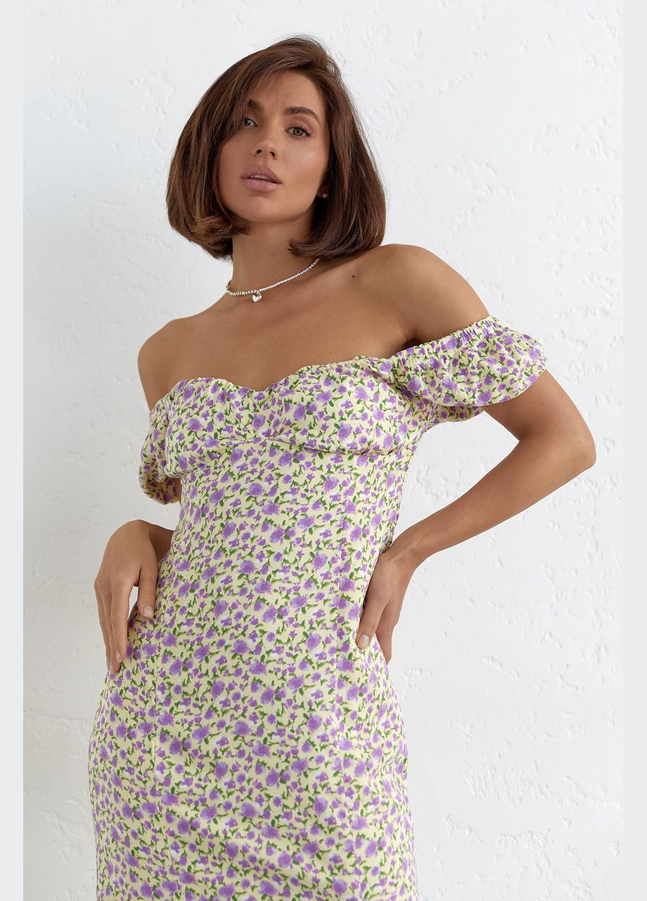 Кремовое повседневный летнее платье с разрезом в цветочный принт 9692 Lurex с цветочным принтом
