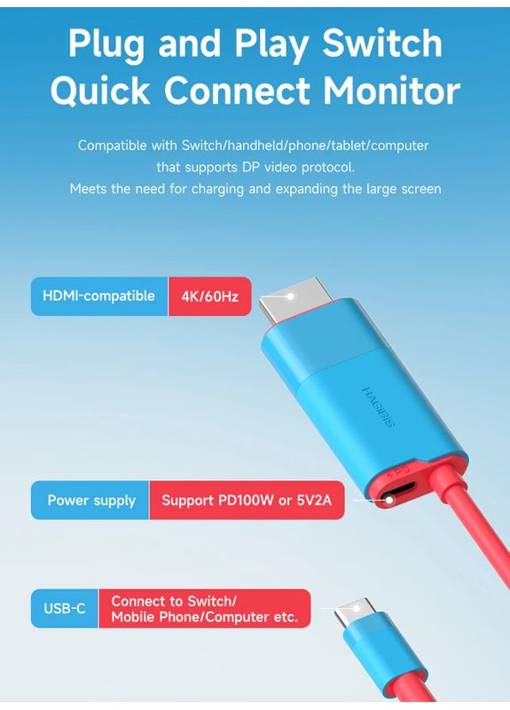 Кабель USB-C to HDMI 2.1 SWC10 2м 4K@60Гц с дополнительным питанием PD100W White Hagibis (359502485)