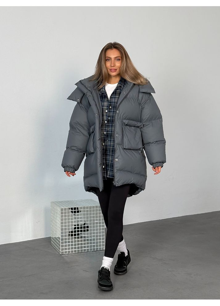 Графітова зимня жіноча куртка пуфер beze long з кишенями і знімним капюшоном (mil591) milirud
