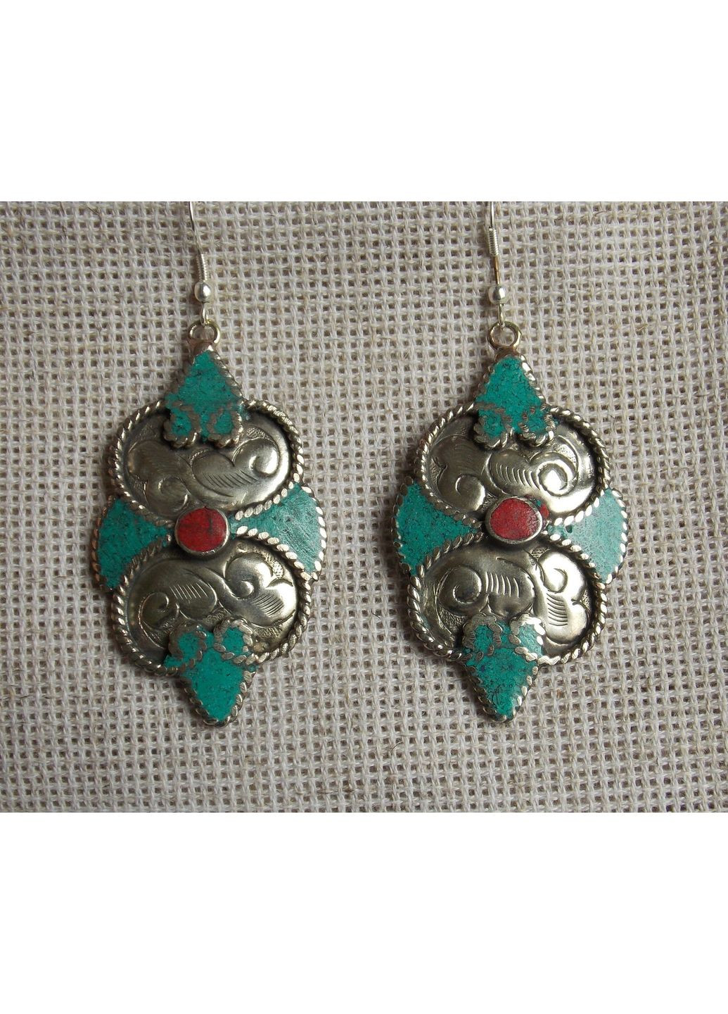 Непальські сережки етнічні з бірюзою і коралом в стилі бохо No Brand (366871688)