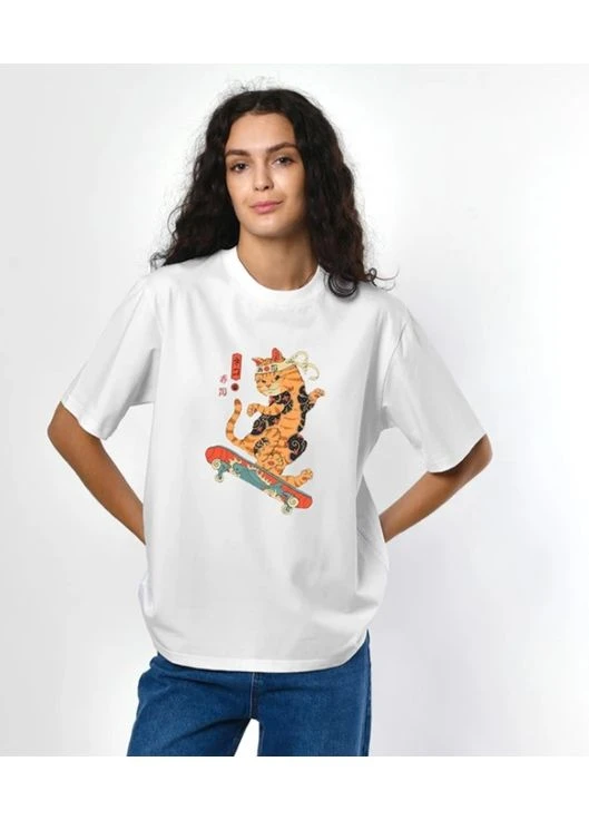 Женская белая футболка с принтом Cat Skate CRC 57986 (386656460)