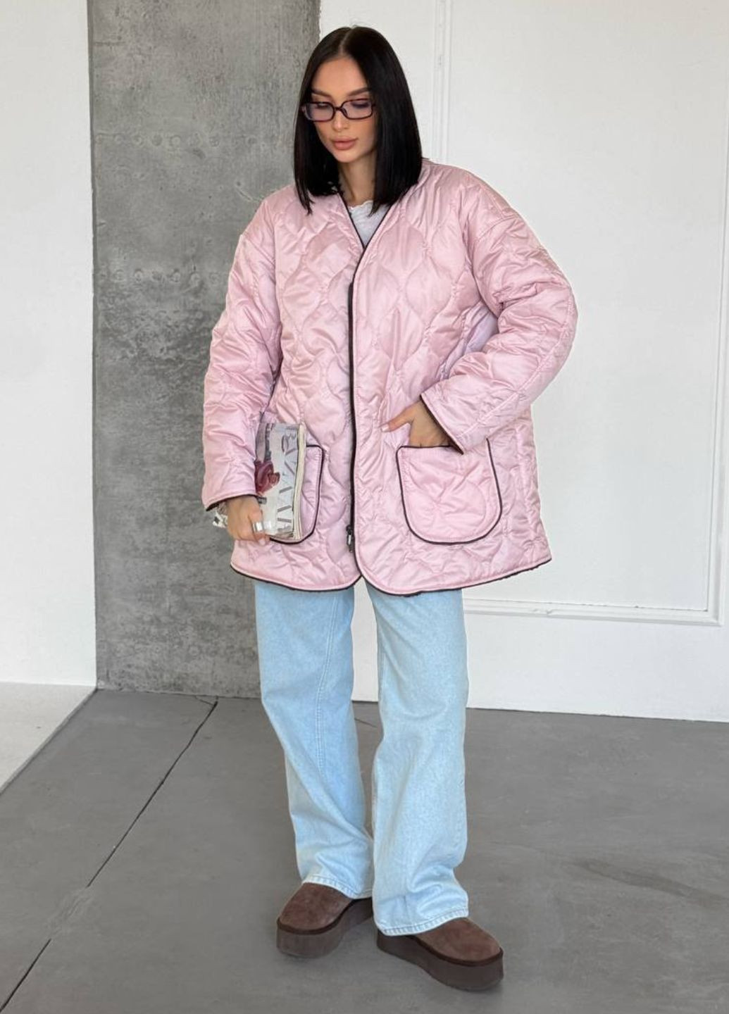 Рожева демісезонна вишукана повсякденна демісезонна стьобана двостороння курточка на хутрі з блискавкою та кишенями Tik-Tak