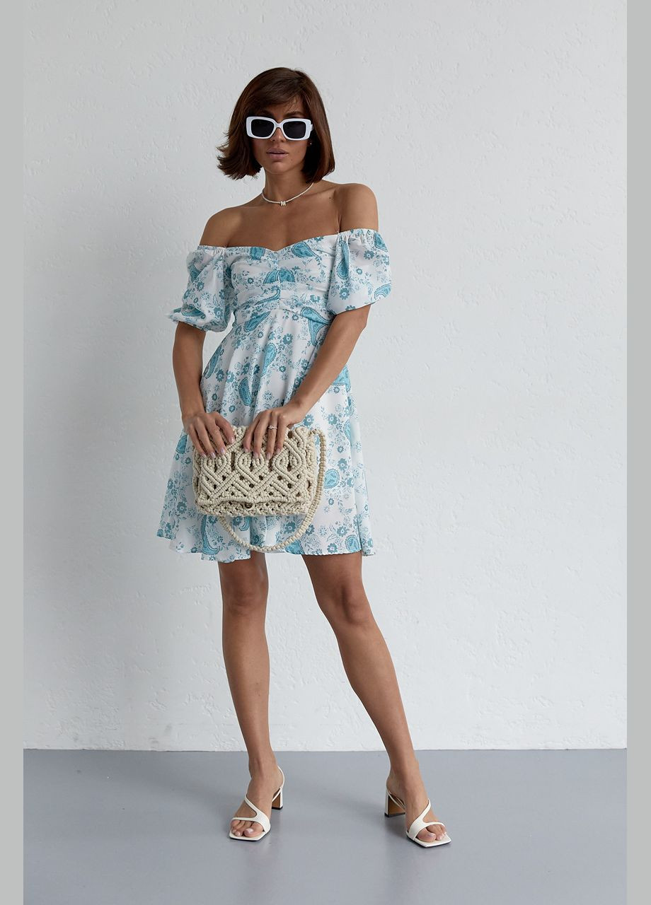 Бирюзовое повседневный летнее платье мини с драпировкой спереди 23128 Lurex с цветочным принтом