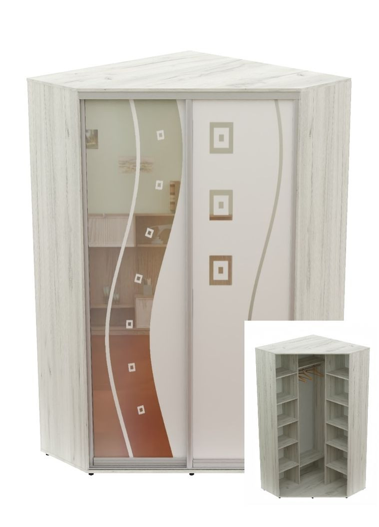 Шкаф-купе двухдверный угловой 110*110*240 Дуб крафт белый Зеркало с пескоструйным рисунком Угол-1 Алекса (360474172)