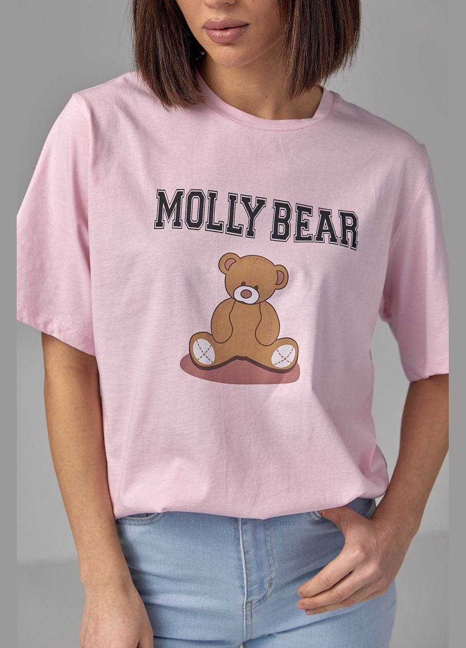 Розовая летняя хлопковая футболка с принтом медвежонка - розовый Lurex