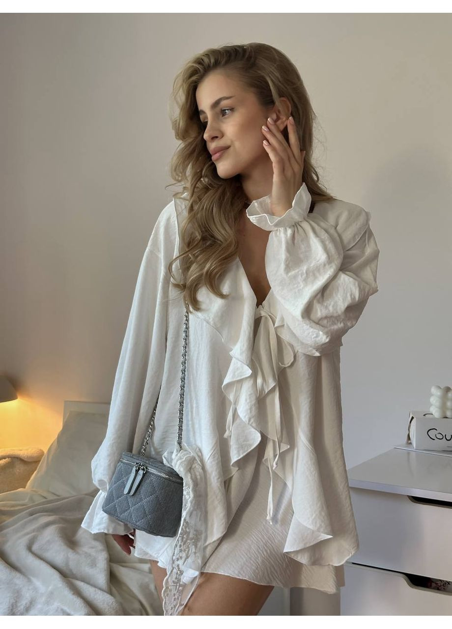 Жіночий легкий костюм (сорочка+шорти) з рюшами молочного кольору 34116 Fashion (352713598)