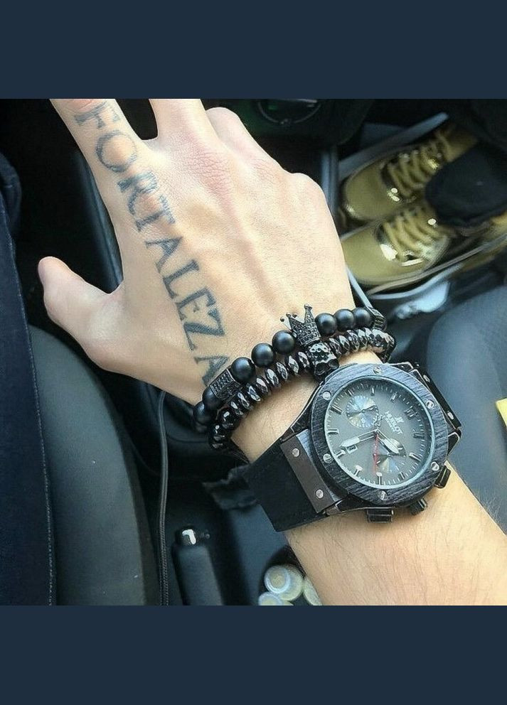 Чоловічі браслети з натурального каміння з короною та черепом (комплект) чорні No Brand (328251226)