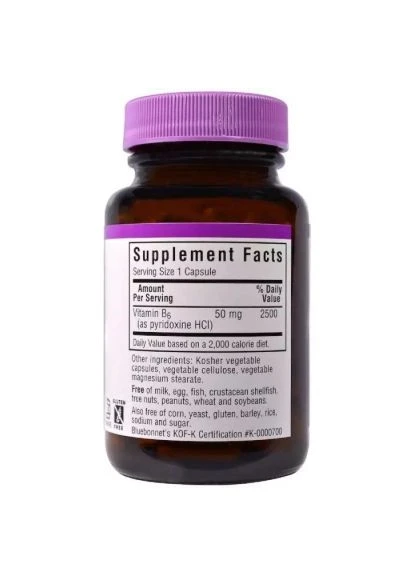 Витамин B6 50 мг, Vitamin B6, 90 вегетарианских капсул (BLB0428) Bluebonnet Nutrition Витамин B6 50 мг, Vitamin B6, 90 вегетарианских к (401658830)