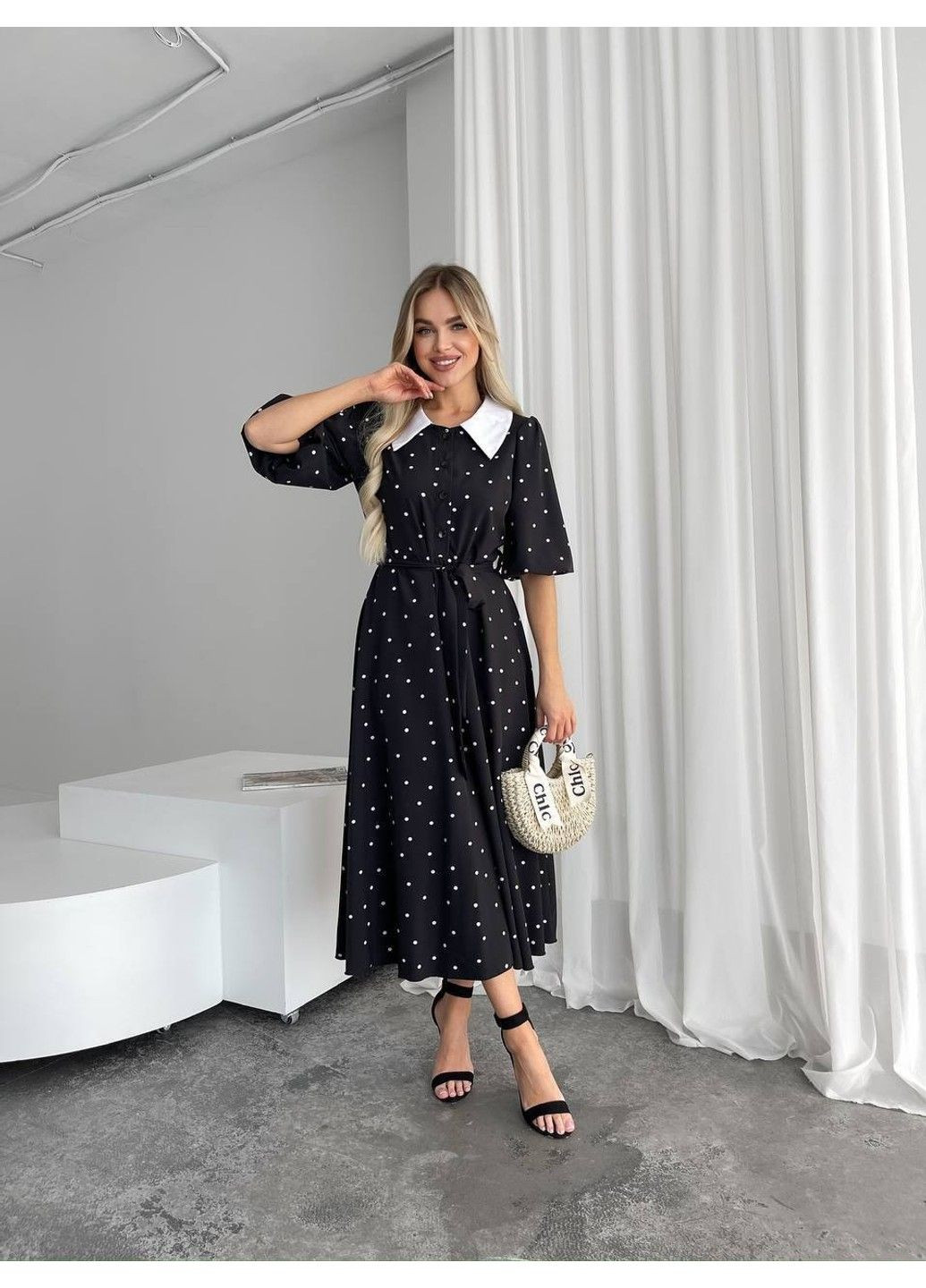 Черное женское платье софт в горошек модель 5635 черный Україна