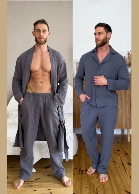 Мужской подарочный комплект муслин халат+пижама в коробке темно-серый Cosy (289370468)
