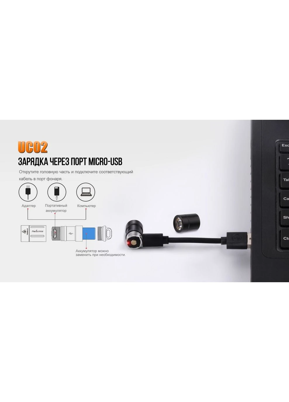 Ручной фонарь UC02 Purple, 130 люмен, IP-68, алюминиевый корпус, встроенный аккумулятор Fenix (394235605)