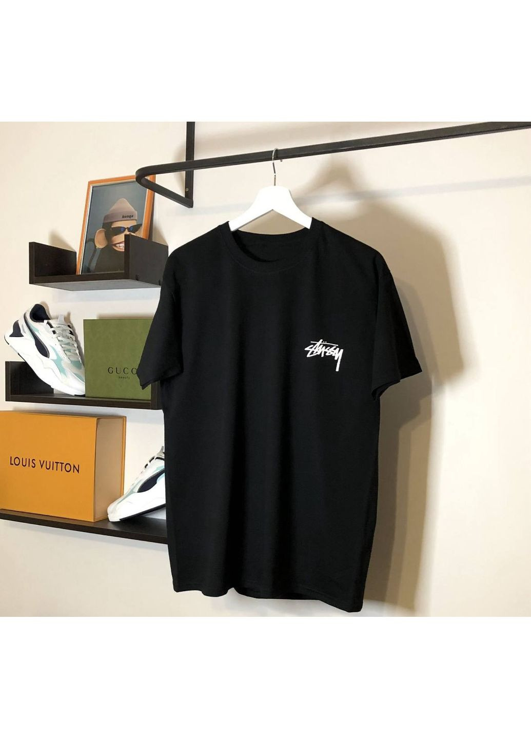 Черная футболка черная с передним логотипом спереди, оверсайз, в стиле stussy No Brand