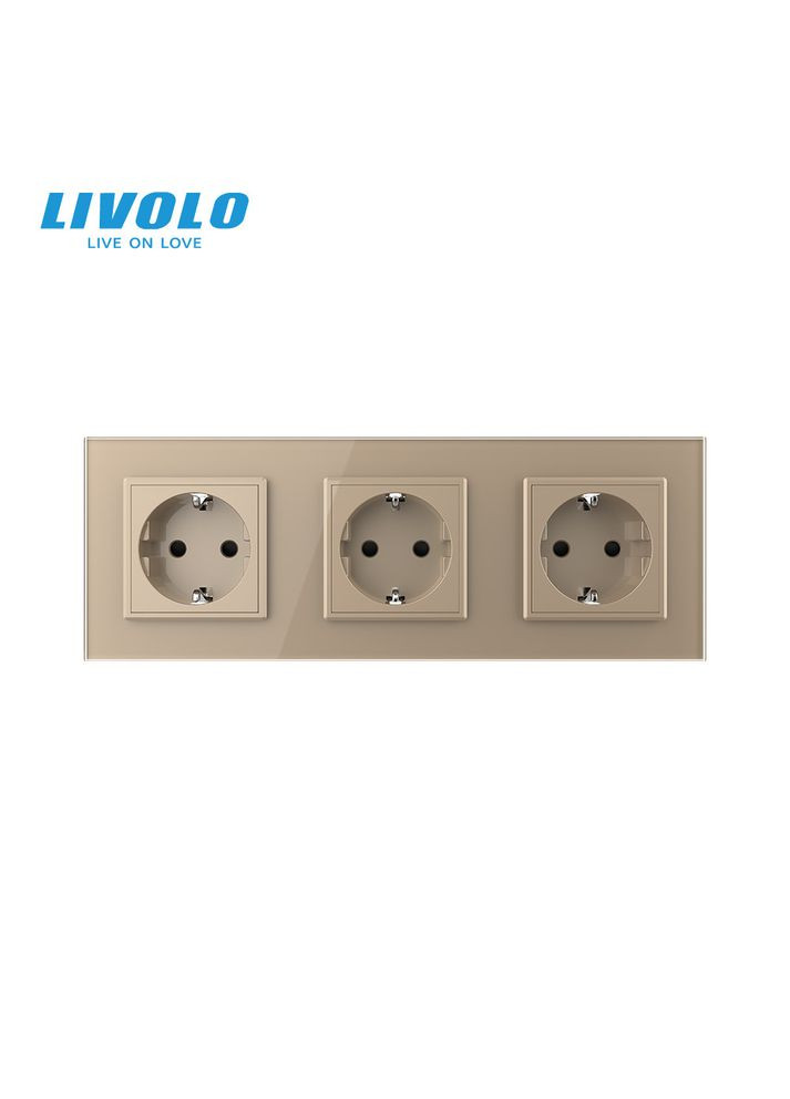 Потрійна електрична розетка з заземленням, золота, скляна рамка, шторки, 250В 16А (VL-C7C3EU-13) Livolo (370970457)